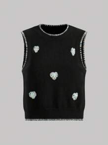Chiquease French 3D Heart Crochet Trim Collar Sweet Fashion Sleeveless Short Vest, Can Be Worn As Base Layer Or Standalone Sweater Vest - Black - View 1