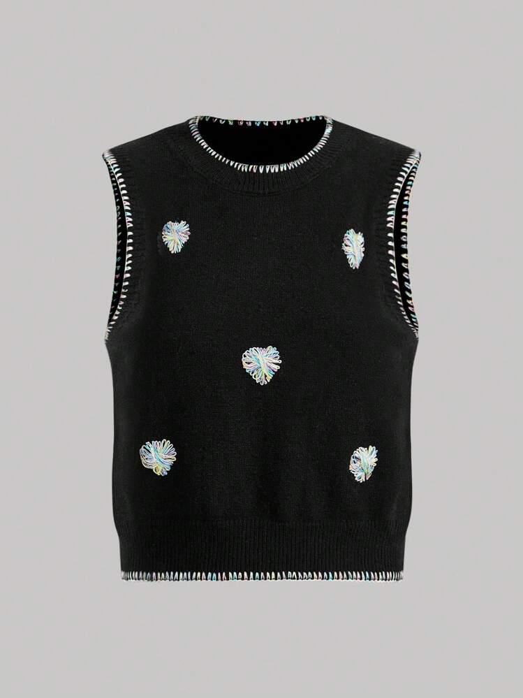 SHEIN ChicEase French 3D Heart Crochet Trim Collar Sweet Fashion Sleeveless Short Vest, Can Be Worn As Base Layer Or Standalone Sweater Vest - Black - View 1