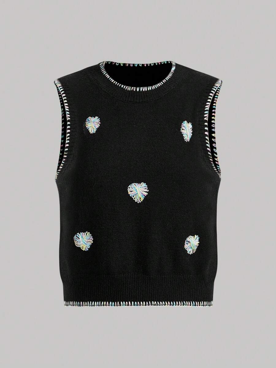 Chiquease French 3D Heart Crochet Trim Collar Sweet Fashion Sleeveless Short Vest, Can Be Worn As Base Layer Or Standalone Sweater Vest - Black - View 1