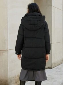 Aveloria Modichic Casual Versatile Exaggerated Large Pockets Cargo Loose Fit Midi Length HoodedPadded Insulated Polyfill Synthetic Insulation Winter Coat Winter Jacket Jacket, Winter Clothes New Fashion Fall Cloth For Women - Black - View 4