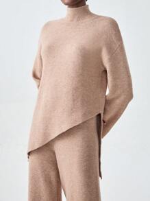 Chiquease Set de 2 piezas de pantalones rectos con bajo asimétrico y suéter para mujer, apto para otoño/invierno - Caqui - Ver 6