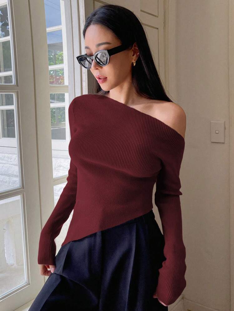 1pc Women Red Solid Color Bodycon Long Sleeve Off Shoulder Asymmetric Christmas Sweater ,Holiday,Long Sleeve Tops,Fall Women Clothes