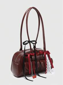 ROMWE Kawaii 女士复古可爱格子蝴蝶结肩带樱桃心形装饰单肩腋下包，带多口袋波士顿挎包 - 棕色 - 查看 2