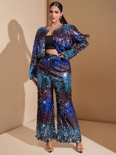 SHEIN BAE Plus-size elegante, met pailletten versierde, uitlopende broek voor dames, geschikt voor herfst-/winterfeesten