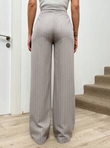 EURMUSE Vertical Stripe High Waist Wide Leg Suit Pants - Light Grey - View 2