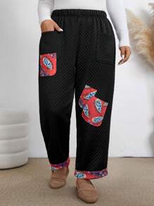 大码佩斯利印花休闲直筒裤，带口袋