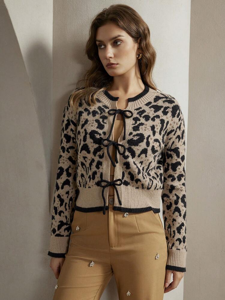 Kardigan z dzianiny z nadrukiem w panterkę, elegancki sweter z długim rękawem i okrągłym dekoltem na jesień