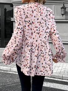 SHEIN LUNE Spring & Summer Round Neck Ruffle Trim Cuff, Collar & Hem Long Sleeve Casual Vacation Printed Blouse T-Shirt - Dusty Pink - View 2