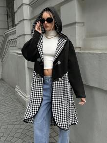 SHEIN Cottnline Casual Houndstooth Patchwork Horn Button Hooded Overcoat, Autumn/Winter - Black and White - View 8