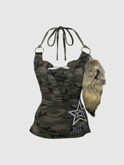 Grunge Punk قلادة بنتاجرام بطراز بانك فينتاج Y2K مزينة بالنيتات والسلاسل والكامفلاج للنساء في الكي بوب