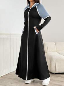 Mulvari Women's Casual Contrast Piping Slant Pocket Zipper Front Hooded Arabian Modest Long Sleeve Dress Sporty Dresshooded Dress - Black - View 6
