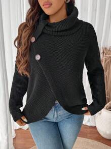 SHEIN LUNE Plus Size Black Autumn Smart Casual Pile Collar Front Overlapping Buttons Decorative Texture Turtleneck Sweater Pullover Winter Women Fall Curve Tops - Black - View 4