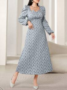 Modelyn Women Elegant Floral Jacquard Puff Sleeve Dress, Autumn Long Evening Dresses