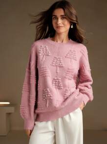 Anewsta كنزة صوفية نسائية أنيقة وأنيقة باللون الوردي، كنزة صوفية مضفرة للخريف والشتاء - وردي - مشاهدة 7