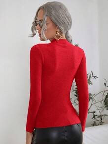SHEIN Clasi 秋冬纯色立领修身休闲套头衫 - 紅色 - 查看 2