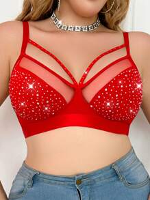 1pc Plus Size Milk Silk Rhinestone Decor Wire-Free Bra, Rave - Red - View 4