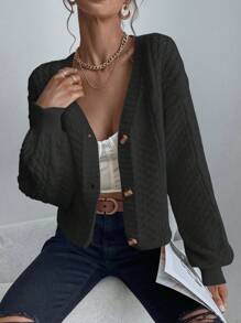 EMERY ROSE 女士休闲落肩宽松粗针织开衫 - 黑色 - 查看 6