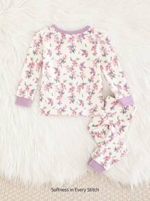 Cozy Pixies 2pcs Baby Girl Snug Fit Pajama Set, Long Sleeve Floral Print Colorblock Top And Long Pants - Purple - View 2