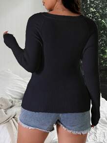 Vionelle Plus Size V-Neck Ribbed Knit Slim Fit Sweater, Minimalist Solid Color, Autumn/Winter Knit Pullover Fall - Black - View 2