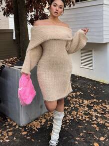 Calvaya Suéter de cuello alto de punto con hombros descubiertos, de pila larga elegante, para otoño/invierno, talla grande