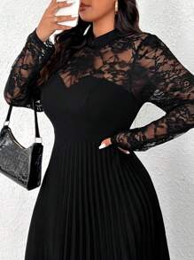 Vionelle 优雅浪漫蕾丝褶皱长袖加大码连衣裙