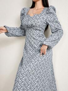 Modelyn Women Elegant Floral Jacquard Puff Sleeve Dress, Autumn Long Evening Dresses