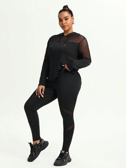 SHEIN Rhythm Era Plus Size Mesh Splice Hooded Neck Sheer Long & Top And Pants Activewear Set