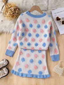 2pcs Set For Young Girls, Adorable Polka Dot Pullover Sweater And Bodycon Skirt Set, Fashionable Cute Naughty Knitwear Outfit For Girls - Blue and White - View 2