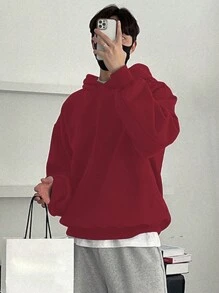 DAZY 秋季男士纯色保暖连帽运动衫 - 紅色 - 查看 2