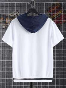 Manfinity Dauomo Men's Solid Color Patchwork Short Sleeve Letter Print Simple Hooded Casual T-Shirt