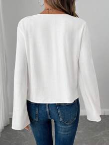 SHEIN LUNE Women's Bow Tie Pleated A-Line Bell Sleeve Casual/Office Blouse, Elegant For Autumn/Winter