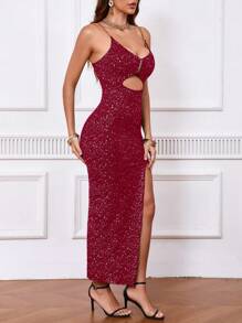 SHEIN Clasi Women Metallic Chain Strap Mermaid Hem Bodycon Dress Burgundy Maxi Women Outfit