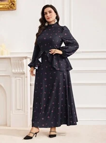 Modelyn Plus Size Bescheiden Standkraag Lange Mouw Bloemenprint Lange Arabische Jurk