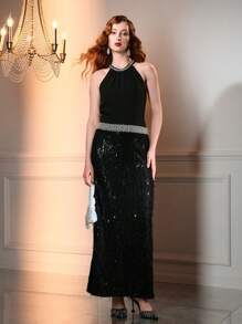 The Great Gatsby x MOTF RHINESTONE DETAIL SEQUIN FUZZY HEM HALTER NECK LONG DRESS - Black - View 7