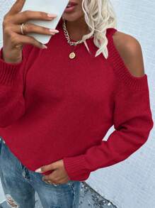 SHEIN LUNE 1pc Women's Solid Color Off Shoulder Long Sleeve Casual Knit Sweater, Autumn & Winter For New Year Clothes,Long Sleeve Tops Knit Pullover Fall Outfit