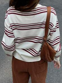 DAZY 1 Áo khoác cardigan cổ tròn tay dài kẻ sọc rộng cho nữ, Quần áo mùa thu cho nữ - trắng - Xem 2