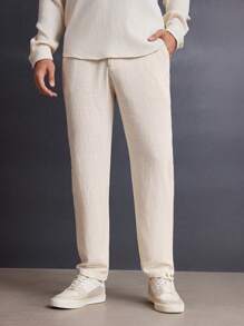 Manfinity VCAY 男士直筒编织休闲长裤，适合日常穿着 - 杏色 - 查看 5