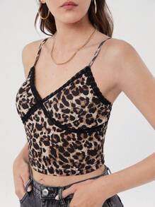 SHEIN EZwear 豹纹对比蕾丝简约日常吊带背心上衣 - 彩色 - 查看 3
