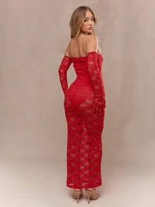MISSGUIDED Sheer Lace Bodycon Bandeau Midaxi Dress With Matching Gloves Christmas - Red - View 2