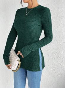 SHEIN Frenchy Camiseta de punto de cuello redondo con dobladillo acanalado de tela de grano dividido sólida