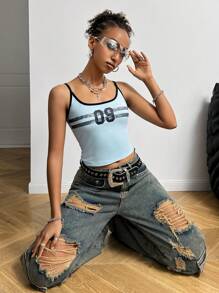 SHEIN EZwear Áo ba lỗ in số thường ngày cho nữ - Màu xanh lam - Xem 5