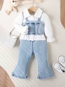 女婴 3 件套：时尚荷叶边牛仔连体裤、白色长袖衬衫、喇叭牛仔裤，适合春秋季节 - 藍色 - 查看 1