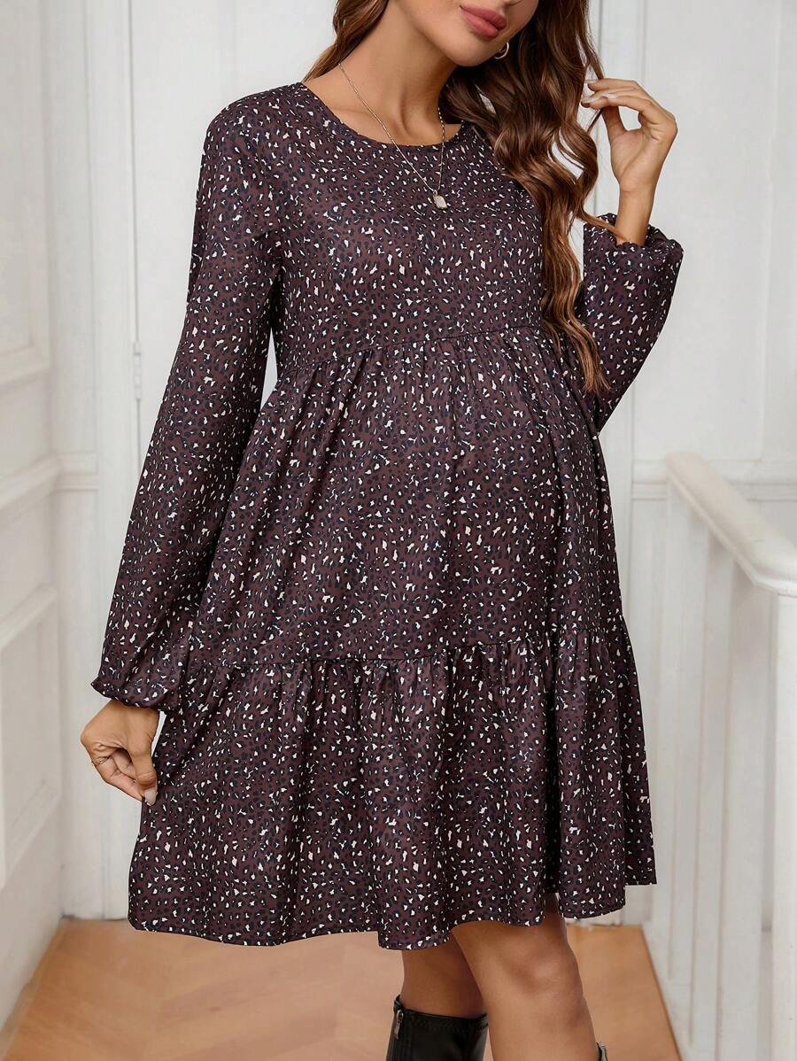 SHEIN Pregnancy Autumn Full Print Round Neck Lantern Sleeve Ruffle Hem Casual Maternity Dress - Multicolor - View 1