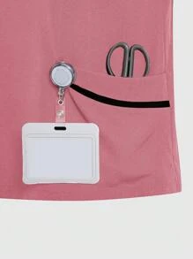 SHEIN TaskFit 女士拼色短袖上衣、手术服上衣、女士 V 领多口袋工作服外套上衣、女士健康检查手术服、宠物美容、牙科按摩师服装、工作室时尚女士工作服、营养师工作服、实验室工作服、女士上衣、多口袋功能性工作服、衣领上有纽扣方便穿脱的上衣、圣诞节、新年和情人节功能性女装、冬春女装 - 粉色 - 查看 5