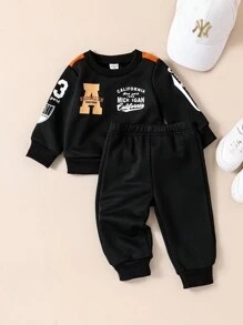SHEIN Baby Boys Black Athletic College Style Letter Print Sweatshirt And Sweatpants Set,Autumn Casual Beach Back-To-School Long Sleeve Sports Outfit - Black - View 3