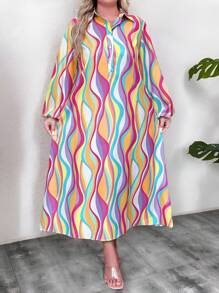 EMERY ROSE 大码全印花正面纽扣长袖休闲中长连衣裙女装 - 彩色 - 查看 7