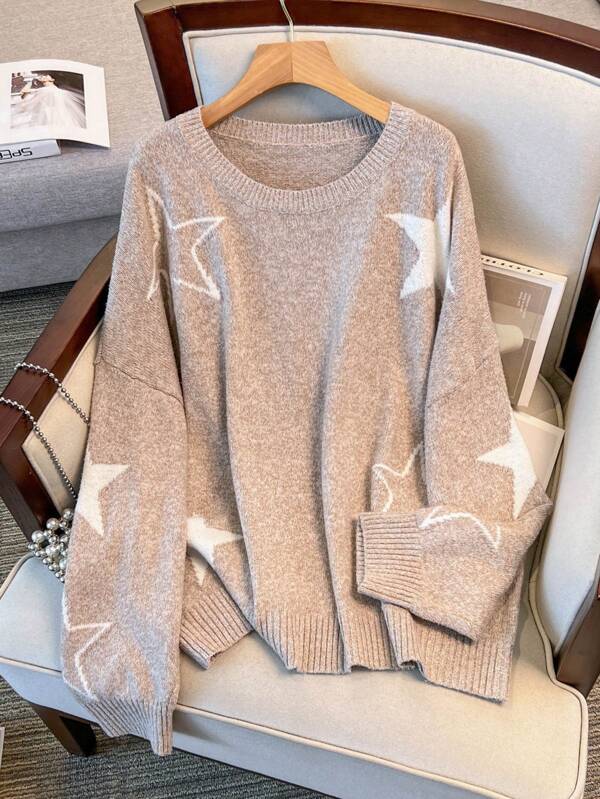 SHEIN LUNE Plus Size Women Star Pattern Intarsia Crew Neck Sweater, For Winter Knit Pullover Fall Outfit