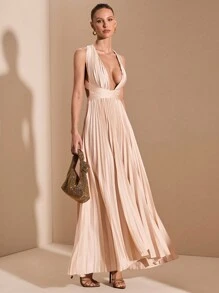 SHEIN BAE Robe plissée à dos ajouré dans les tons abricot et blanc, col V sexy, élégante et simple, convenant pour cocktail, rendez-vous romantique, robe en tricot d'automne/hiver, fête, invité de mariage, Halloween, Noël - Nude - Voir 3