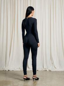 AiiRZ Plunge Neck Draped Front Detail Unitard Jumpsuit - Black - View 2