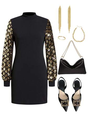 Ellevyn Women's Sequin Patchwork Stand Collar Long Sleeve Party Dress Christmas Women Clothes